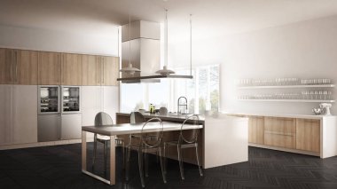 Masa, sandalye ve parke zemin ile minimalist modern mutfak