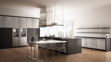 Masa, sandalye ve parke zemin ile minimalist modern mutfak