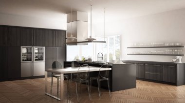 Masa, sandalye ve parke zemin ile minimalist modern mutfak