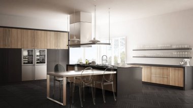 Masa, sandalye ve parke zemin ile minimalist modern mutfak