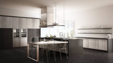 Masa, sandalye ve parke zemin ile minimalist modern mutfak