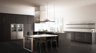 Masa, sandalye ve parke zemin ile minimalist modern mutfak