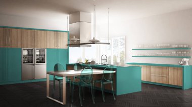 Masa, sandalye ve parke zemin ile minimalist modern mutfak