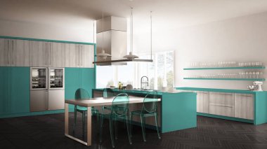 Masa, sandalye ve parke zemin ile minimalist modern mutfak