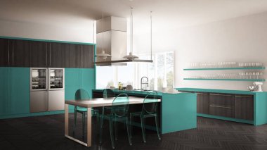 Masa, sandalye ve parke zemin ile minimalist modern mutfak