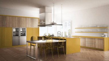 Masa, sandalye ve parke zemin ile minimalist modern mutfak