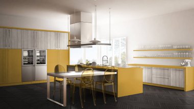 Masa, sandalye ve parke zemin ile minimalist modern mutfak