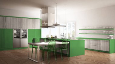 Masa, sandalye ve parke zemin ile minimalist modern mutfak