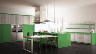 Masa, sandalye ve parke zemin ile minimalist modern mutfak