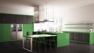 Masa, sandalye ve parke zemin ile minimalist modern mutfak