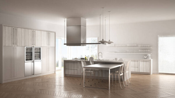 Минималистичная современная кухня со столом, стульями и паркетным полом
