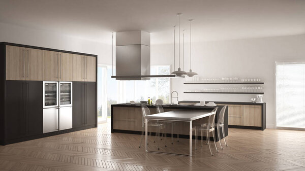 Минималистичная современная кухня со столом, стульями и паркетным полом
