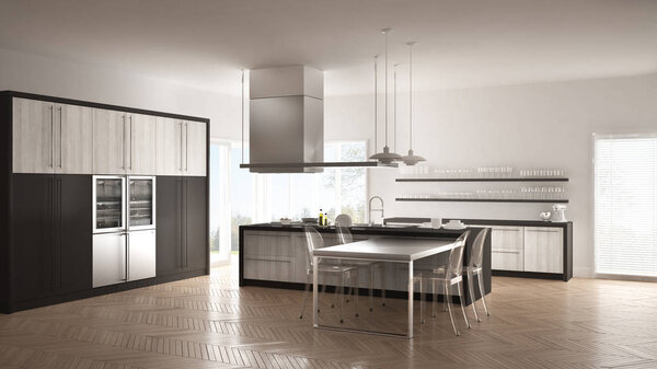 Минималистичная современная кухня со столом, стульями и паркетным полом
