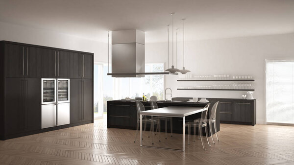 Минималистичная современная кухня со столом, стульями и паркетным полом
