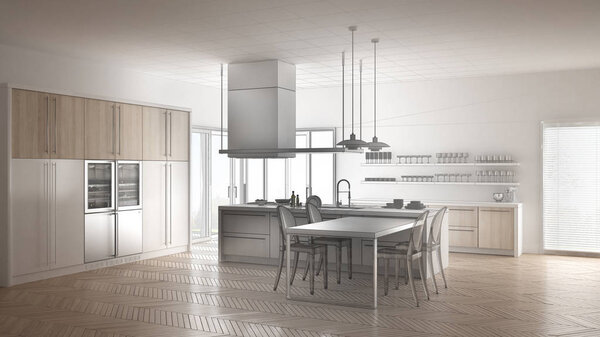 Незавершенный проект минималистической современной кухни со столом,
