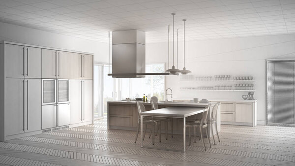 Незавершенный проект минималистической современной кухни со столом,

