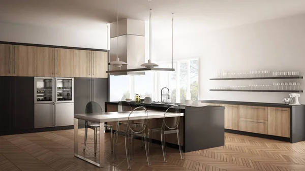 Minimalistický moderní kuchyně se stolem, židlemi a parketovou podlahou — Stock fotografie