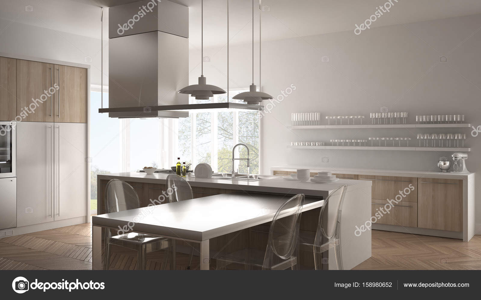 Minimalista E Moderna Cozinha Com Mesa Cadeiras E Parquet Piso Minimalista E Moderna Cozinha Com Mesa Cadeiras E Parquet Piso