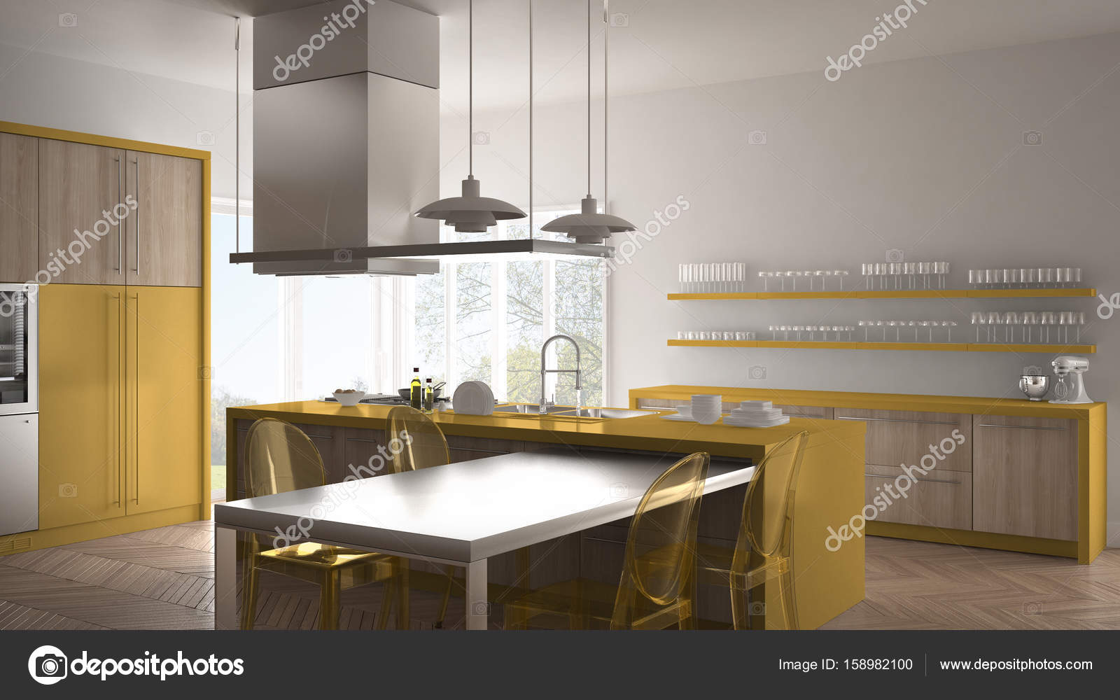 Minimalistische moderne Küche mit Tisch, Stühlen und Parkett ... Minimalistische moderne Küche mit Tisch, Stühlen und Parkett ...