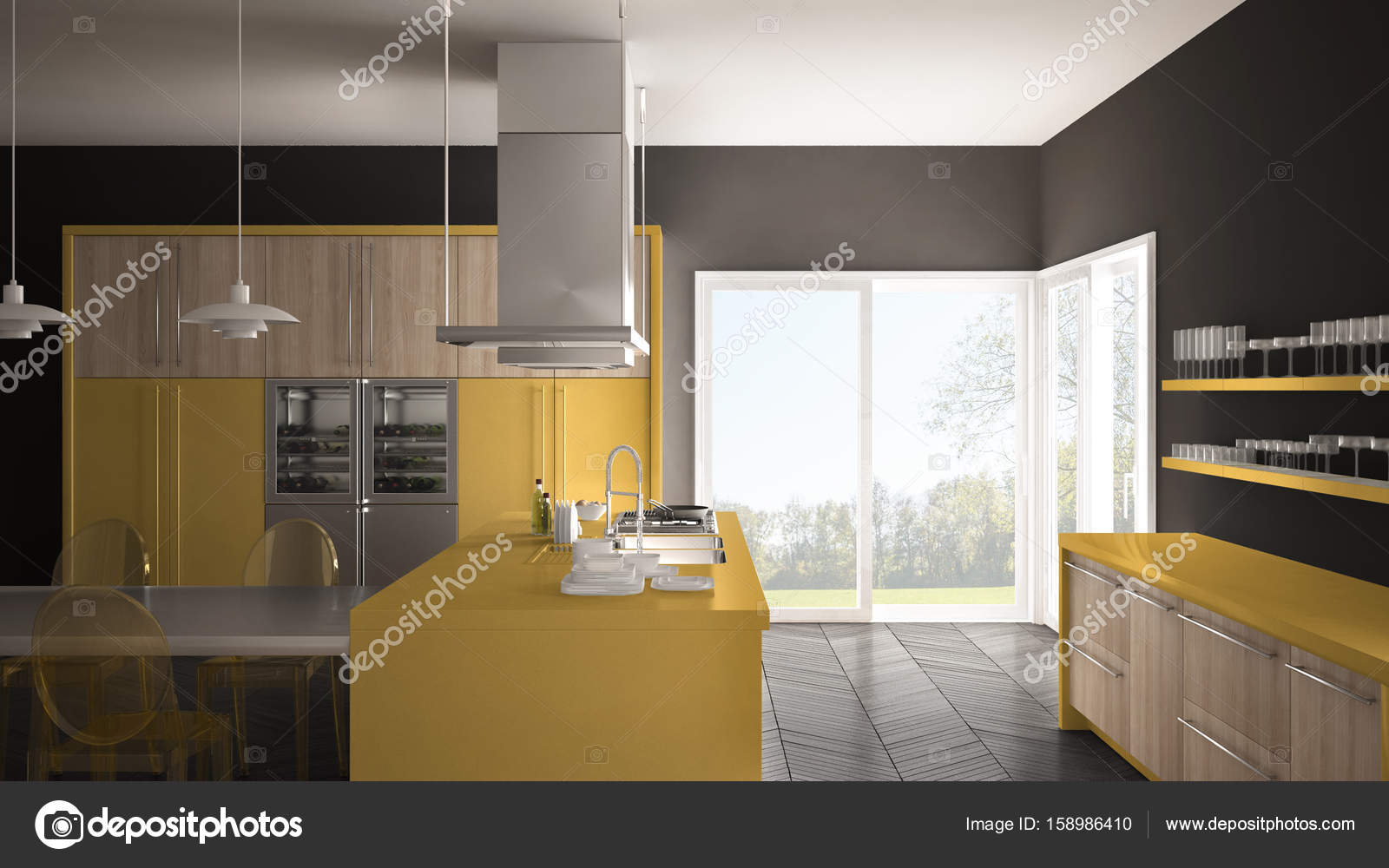 Minimalista E Moderna Cozinha Com Mesa Cadeiras E Parquet Piso Minimalista E Moderna Cozinha Com Mesa Cadeiras E Parquet Piso