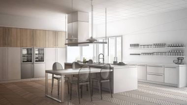 Tablo, minimalist modern mutfak, tamamlanmamış proje ch