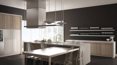 Masa, sandalye ve parke zemin ile minimalist modern mutfak