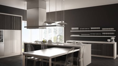 Masa, sandalye ve parke zemin ile minimalist modern mutfak