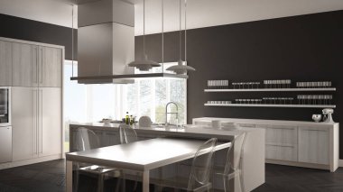 Masa, sandalye ve parke zemin ile minimalist modern mutfak