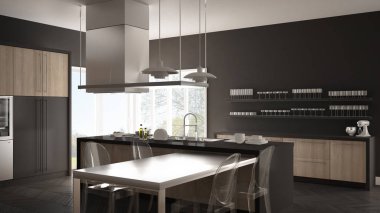 Masa, sandalye ve parke zemin ile minimalist modern mutfak