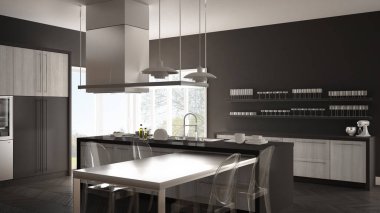 Masa, sandalye ve parke zemin ile minimalist modern mutfak