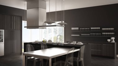 Masa, sandalye ve parke zemin ile minimalist modern mutfak