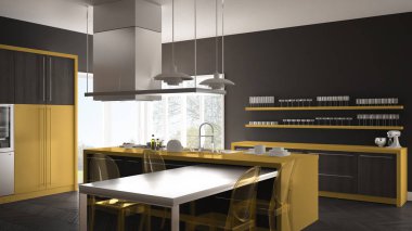 Masa, sandalye ve parke zemin ile minimalist modern mutfak