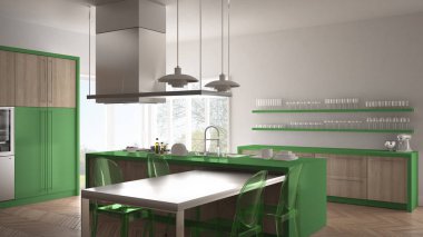 Masa, sandalye ve parke zemin ile minimalist modern mutfak