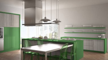 Masa, sandalye ve parke zemin ile minimalist modern mutfak