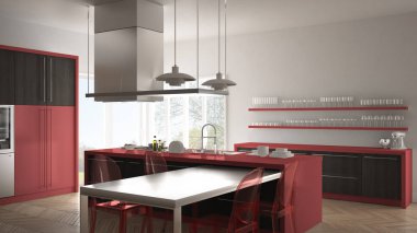 Masa, sandalye ve parke zemin ile minimalist modern mutfak