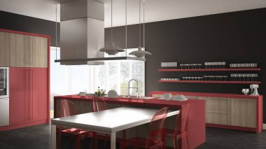 Masa, sandalye ve parke zemin ile minimalist modern mutfak