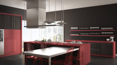 Masa, sandalye ve parke zemin ile minimalist modern mutfak