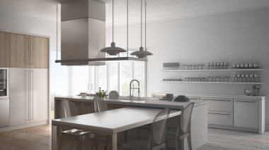 Tablo, minimalist modern mutfak, tamamlanmamış proje ch