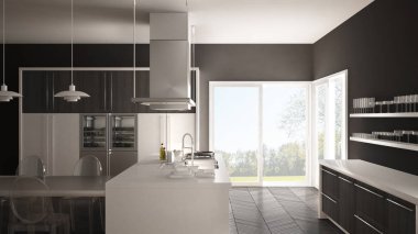 Masa, sandalye ve parke zemin ile minimalist modern mutfak