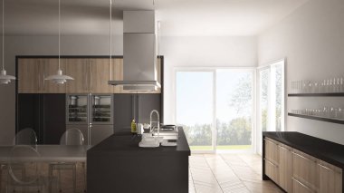 Masa, sandalye ve parke zemin ile minimalist modern mutfak