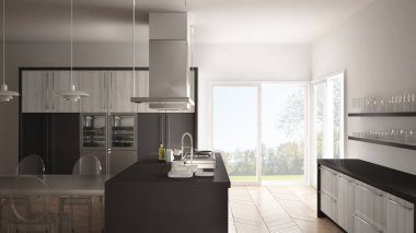 Masa, sandalye ve parke zemin ile minimalist modern mutfak