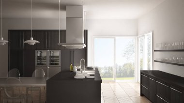 Masa, sandalye ve parke zemin ile minimalist modern mutfak