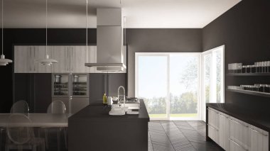 Masa, sandalye ve parke zemin ile minimalist modern mutfak