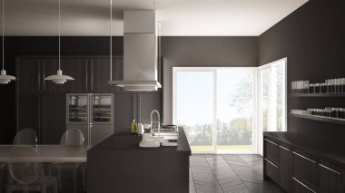 Masa, sandalye ve parke zemin ile minimalist modern mutfak