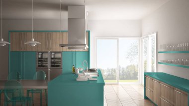 Masa, sandalye ve parke zemin ile minimalist modern mutfak