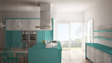 Masa, sandalye ve parke zemin ile minimalist modern mutfak