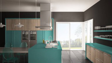 Masa, sandalye ve parke zemin ile minimalist modern mutfak