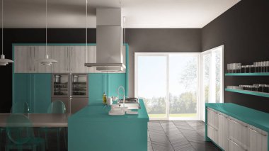 Masa, sandalye ve parke zemin ile minimalist modern mutfak