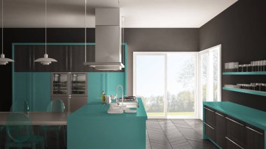 Masa, sandalye ve parke zemin ile minimalist modern mutfak