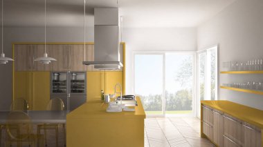 Masa, sandalye ve parke zemin ile minimalist modern mutfak